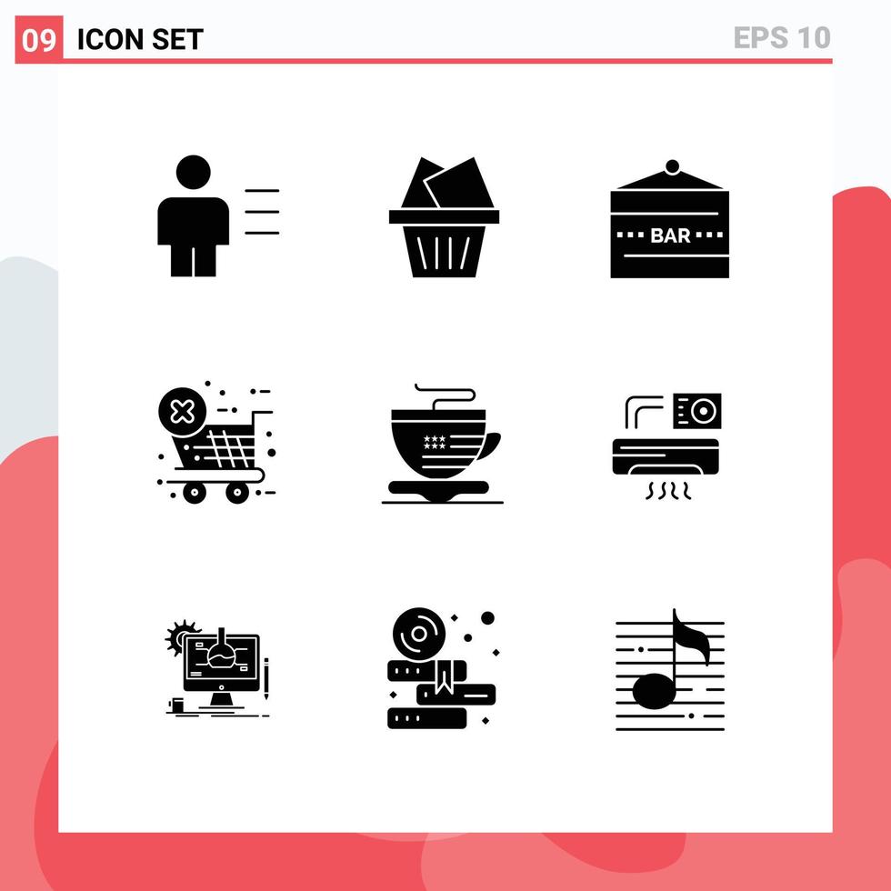 Pack of 9 Modern Solid Glyphs Signs and Symbols for Web Print Media such as cup store bar ecommerce food and drink Editable Vector Design Elements