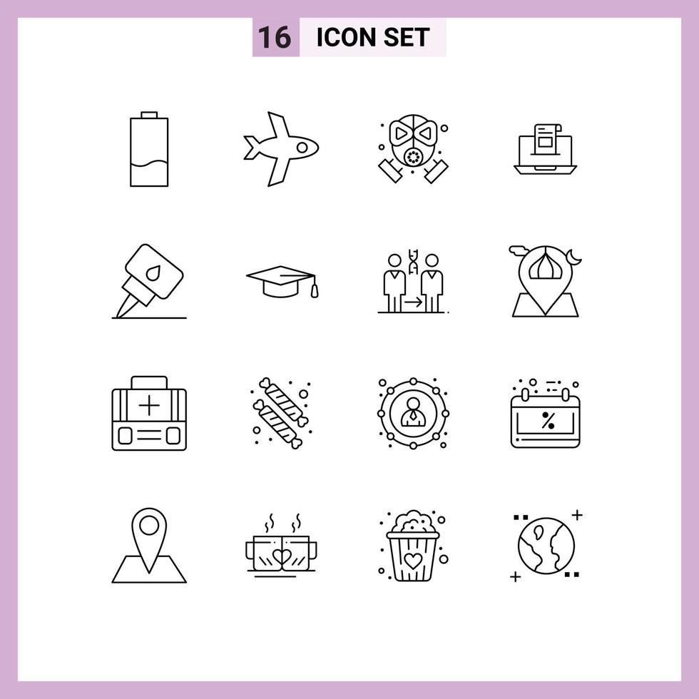 Pack of 16 Modern Outlines Signs and Symbols for Web Print Media such as mail envelope firefighter mail communication Editable Vector Design Elements