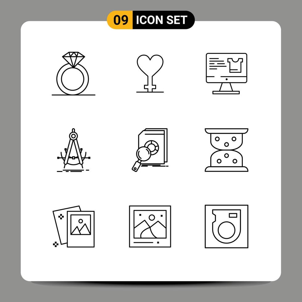 Mobile Interface Outline Set of 9 Pictograms of financial analysis monitor measurement geometry Editable Vector Design Elements