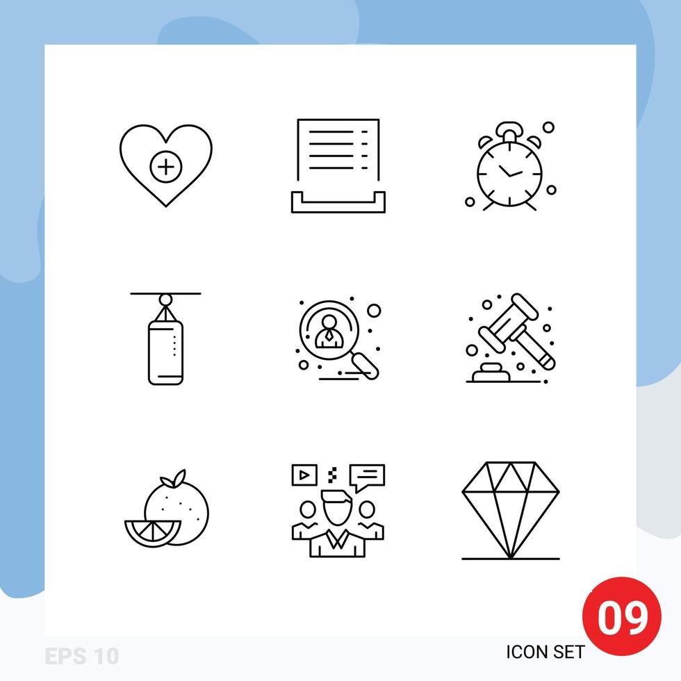 Pictogram Set of 9 Simple Outlines of applicant punchbag alarm boxing alert Editable Vector Design Elements