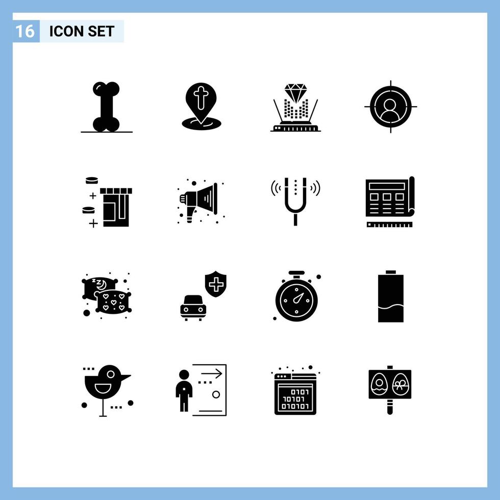 Mobile Interface Solid Glyph Set of 16 Pictograms of healthcare tablet hologram man target Editable Vector Design Elements