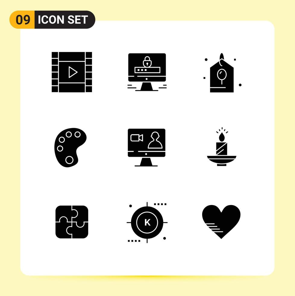 Universal Icon Symbols Group of 9 Modern Solid Glyphs of computer search celebration job education Editable Vector Design Elements