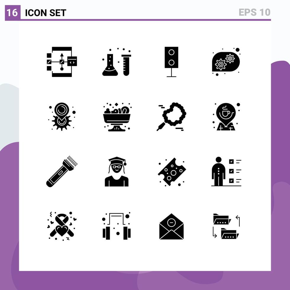 Modern Set of 16 Solid Glyphs and symbols such as technical support gear chemical lab technology products Editable Vector Design Elements