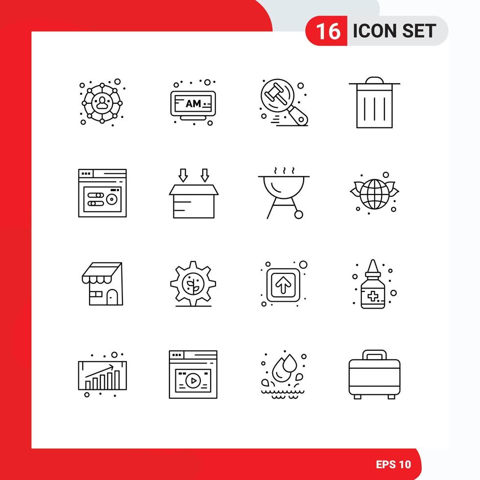 Group of 16 Outlines Signs and Symbols for web performance auction keyword trash Editable Vector Design Elements