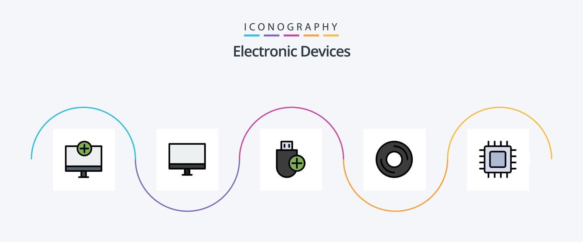 Devices Line Filled Flat 5 Icon Pack Including disc. computers. hardware. stick. devices vector