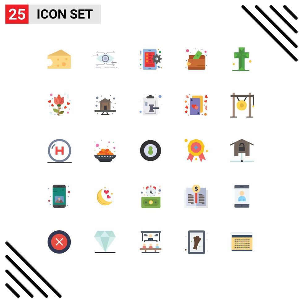 Flat Color Pack of 25 Universal Symbols of church purse gear money wallet cash billfold Editable Vector Design Elements