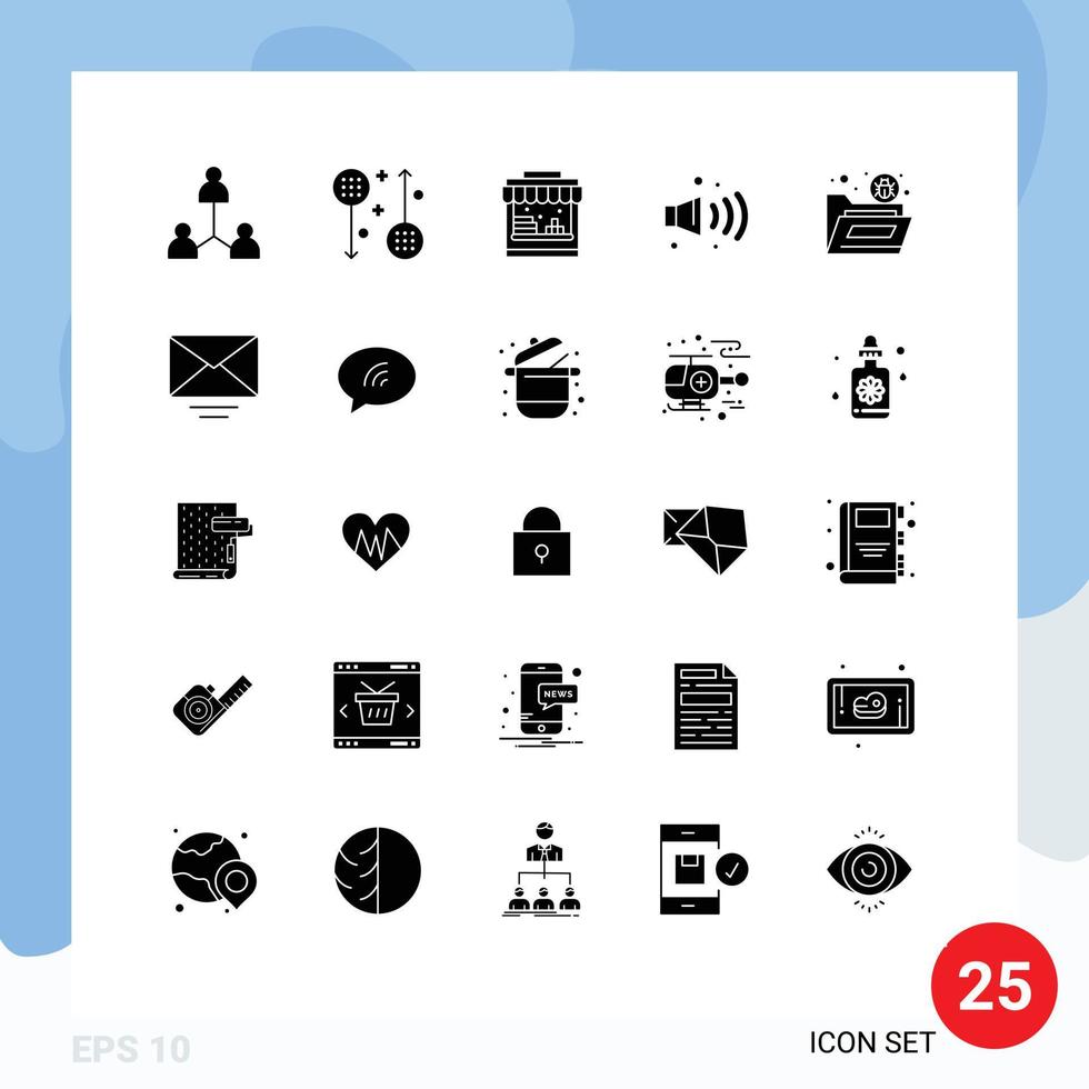 25 Universal Solid Glyph Signs Symbols of folder bug male pollution gas Editable Vector Design Elements