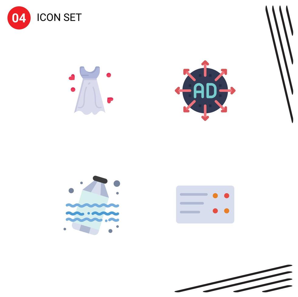 conjunto moderno de 4 iconos planos pictograma de contaminación del vestido boda flecha agua elementos de diseño vectorial editables vector