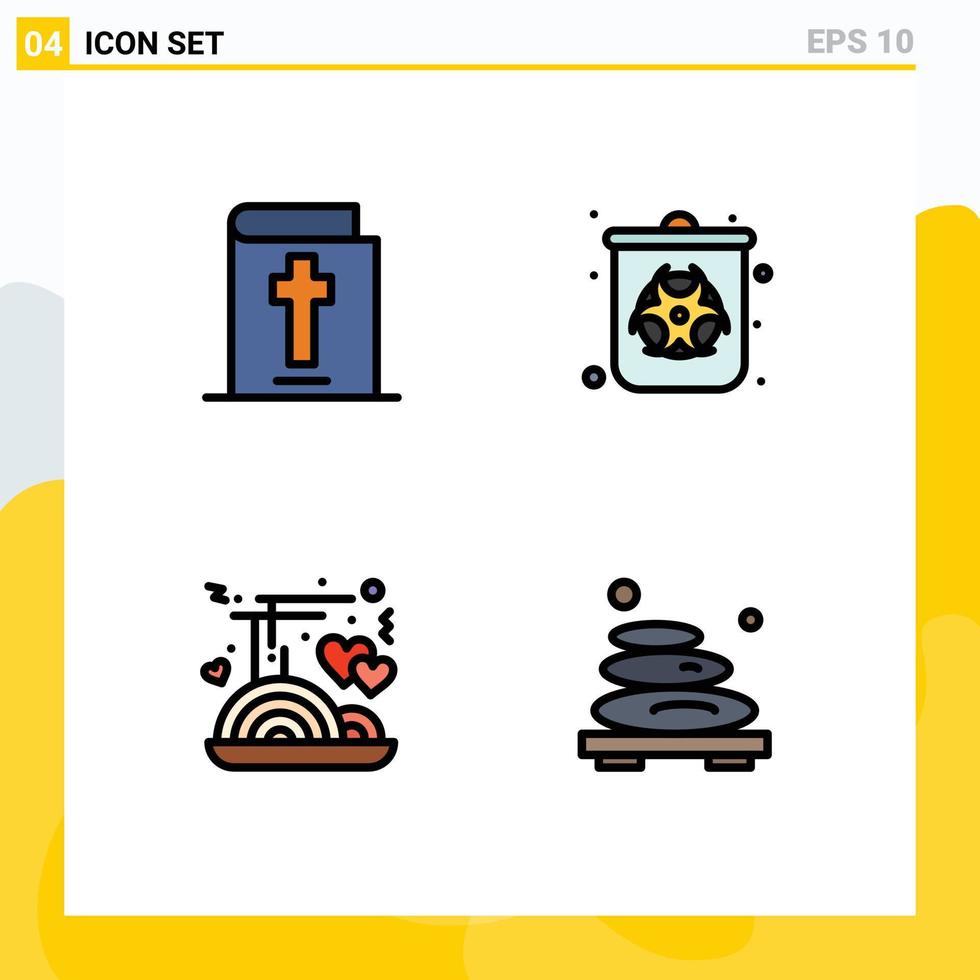 paquete de 4 modernos signos y símbolos de colores planos de línea rellena para medios de impresión web, como la papelera de fideos bíblicos, residuos de elementos de diseño de vectores editables en caliente