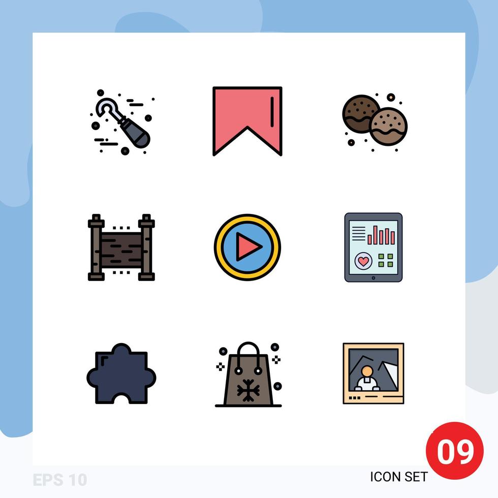 Group of 9 Filledline Flat Colors Signs and Symbols for play video donut yard garden Editable Vector Design Elements