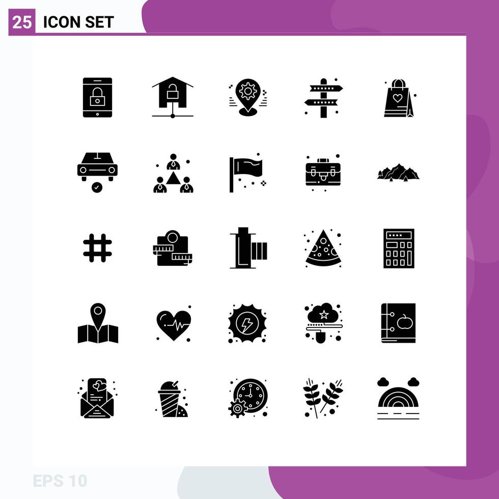 Solid Glyph Pack of 25 Universal Symbols of recreation directions gear athletics setting Editable Vector Design Elements