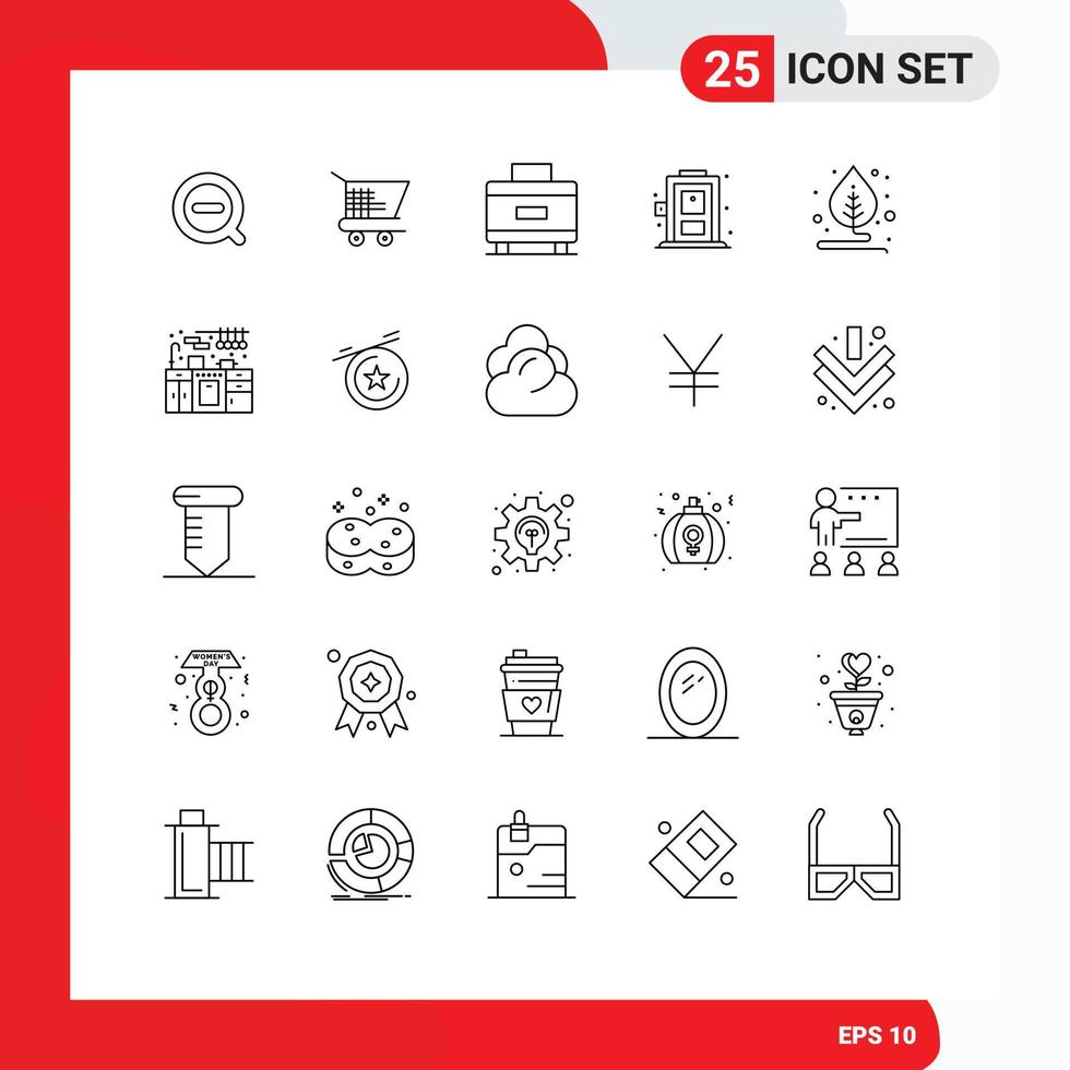 grupo universal de símbolos de icono de 25 líneas modernas de elementos de diseño de vector editable de puerta de motivación de maleta de planta de cocina