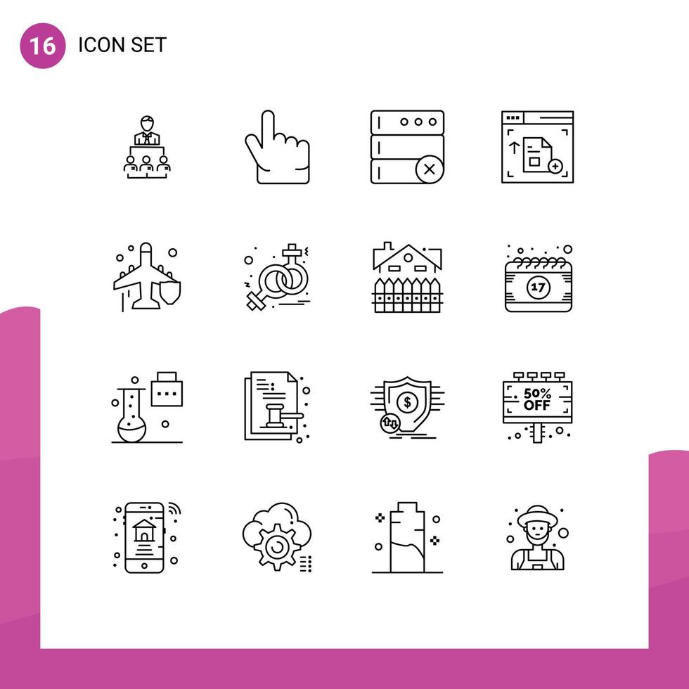 paquete de 16 signos y símbolos de contornos modernos para medios de impresión web, como la base de datos de seguros de protección, elementos de diseño de vectores editables web