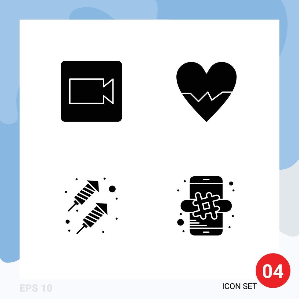 Pictogram Set of 4 Simple Solid Glyphs of camera fire work heart skin marketing Editable Vector Design Elements