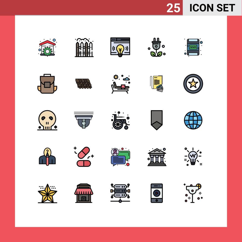 Pack of 25 Modern Filled line Flat Colors Signs and Symbols for Web Print Media such as memory card science interface green plug Editable Vector Design Elements