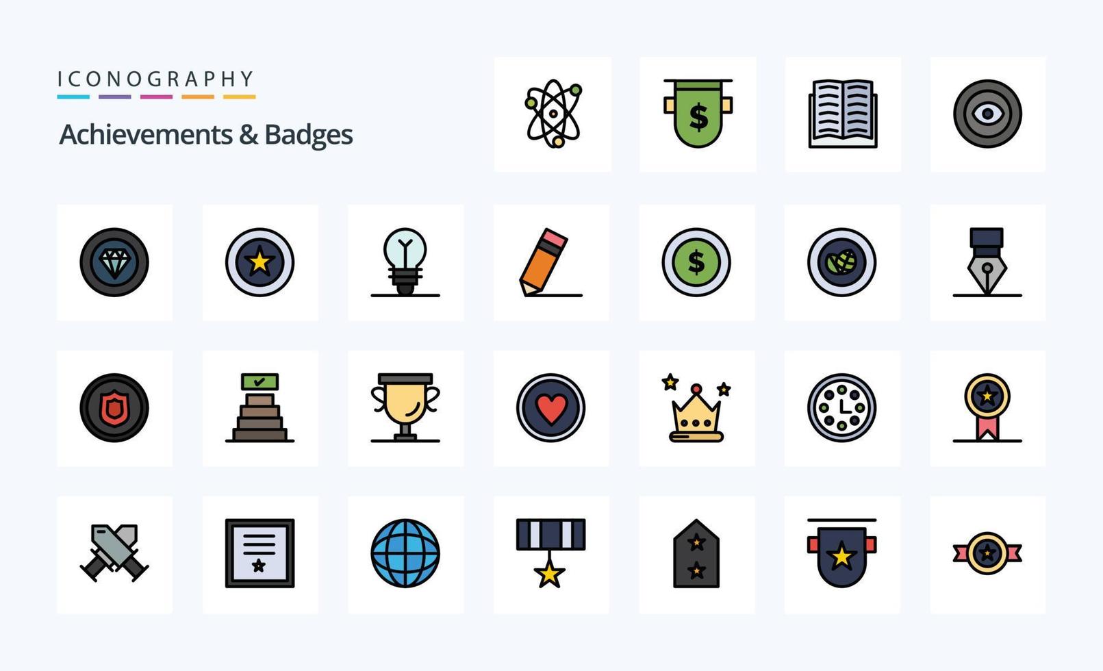 paquete de iconos de estilo lleno de línea de insignias de 25 logros vector