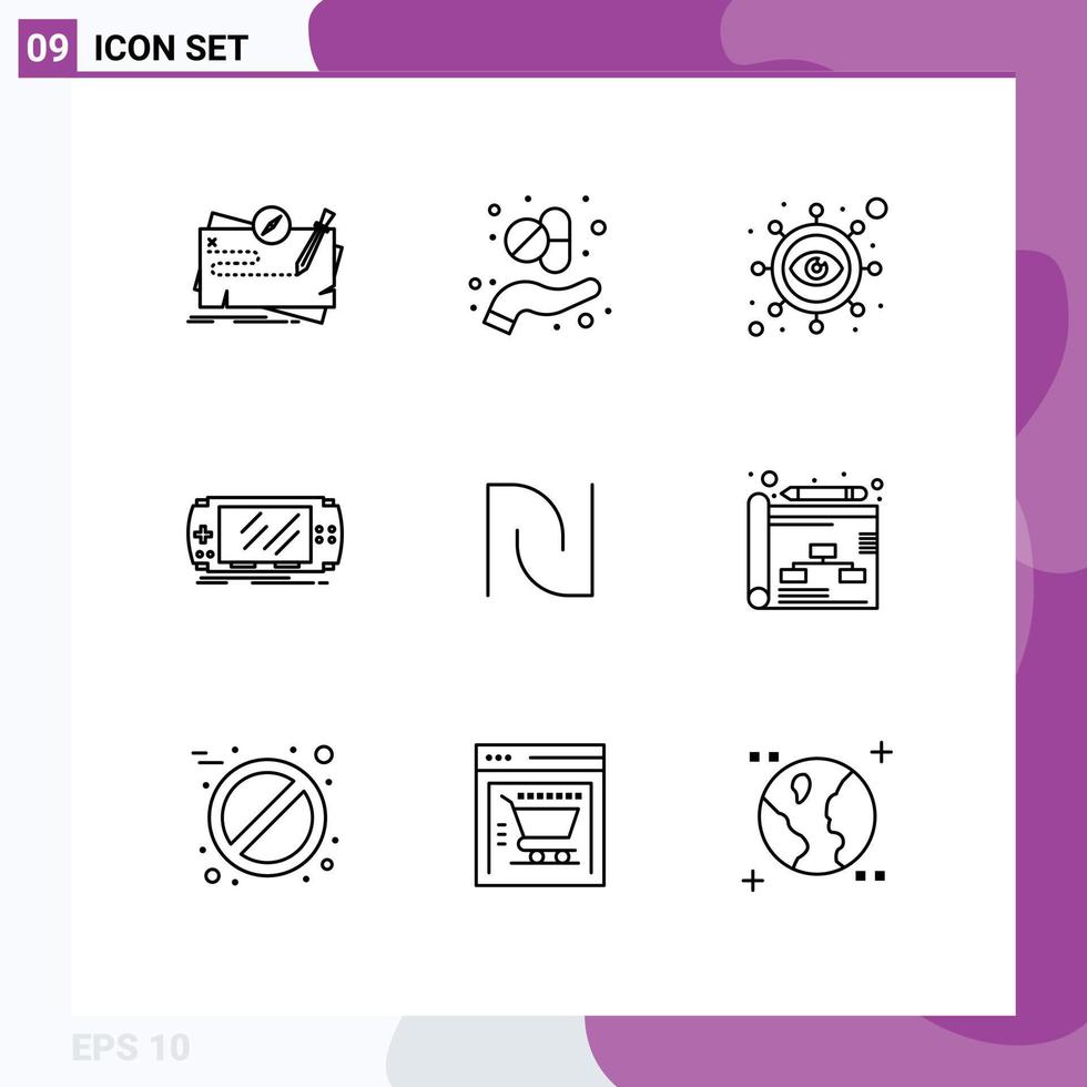 Pack of 9 Modern Outlines Signs and Symbols for Web Print Media such as psp game medicine device vision Editable Vector Design Elements