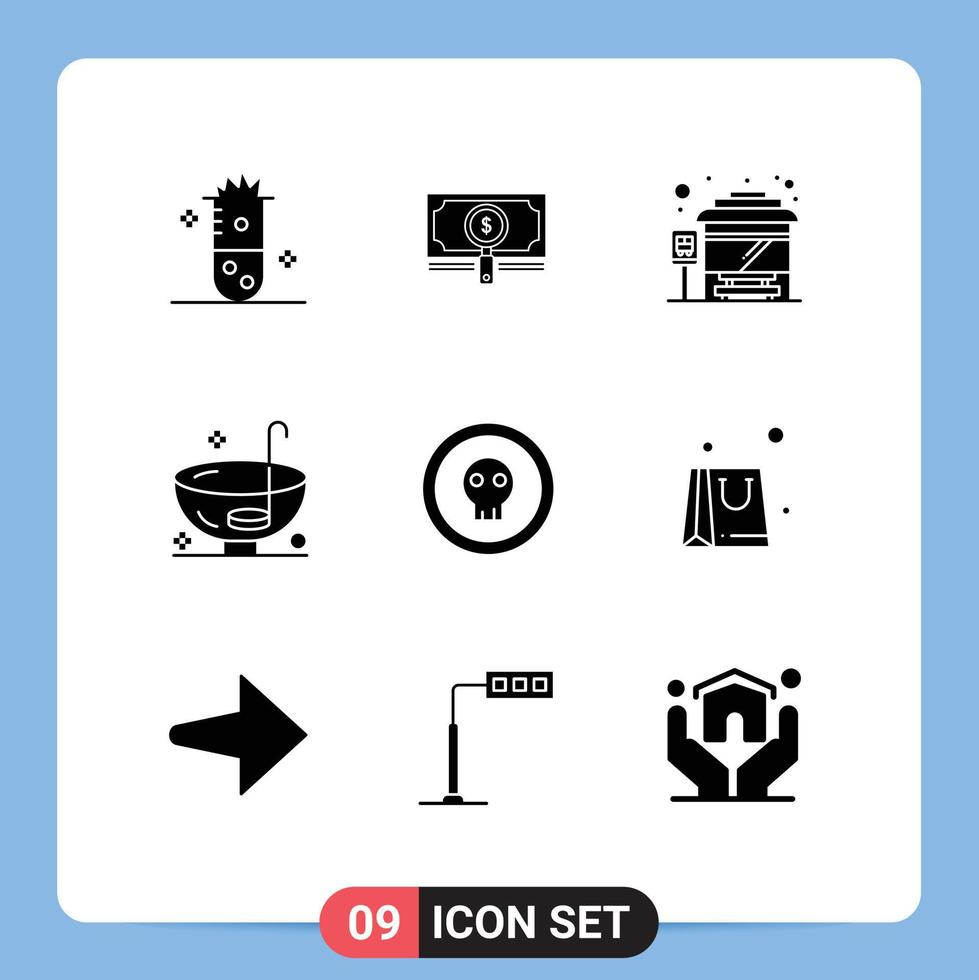 paquete de 9 signos y símbolos modernos de glifos sólidos para medios de impresión web, como elementos de diseño de vectores editables de la terminal de autobuses de la ciudad de bebida de préstamo de vacaciones de acción de gracias