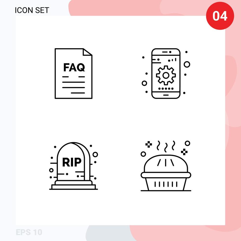 Mobile Interface Line Set of 4 Pictograms of contact halloween help mobile tombstone Editable Vector Design Elements