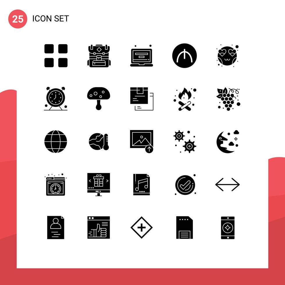 Modern Set of 25 Solid Glyphs Pictograph of smiley heart gadget emot currency Editable Vector Design Elements