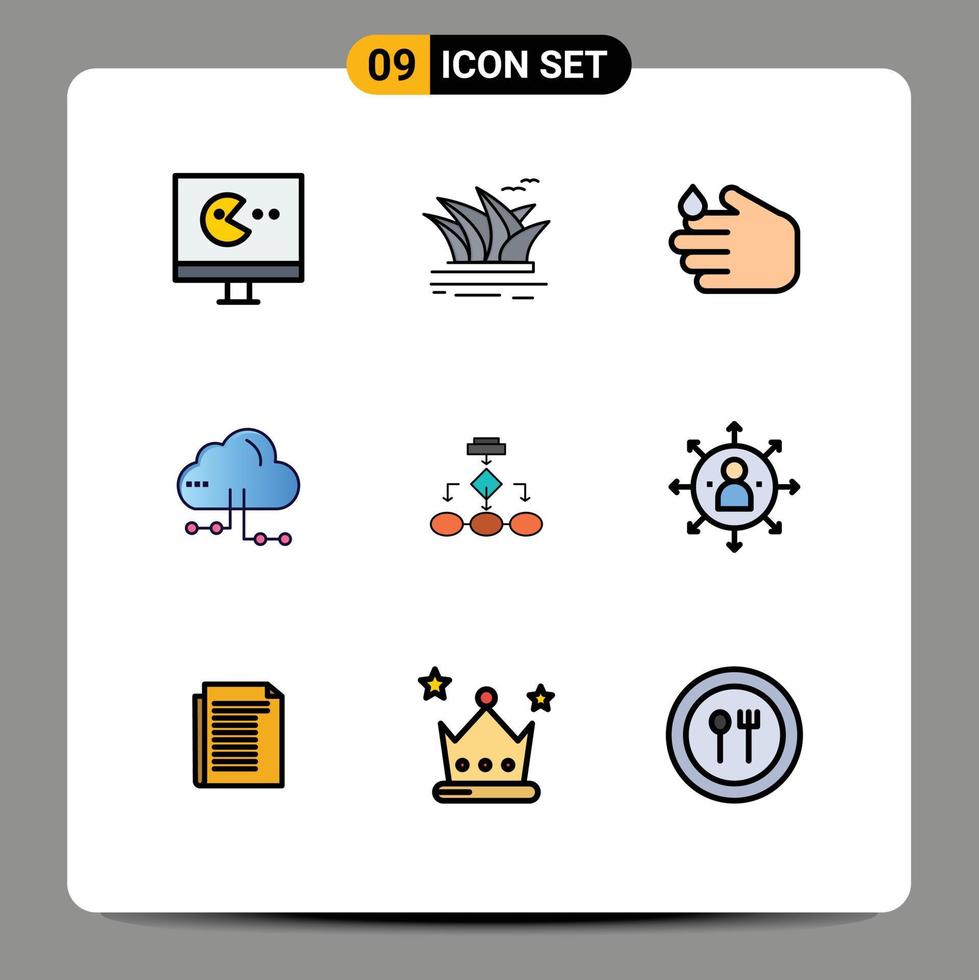 Modern Set of 9 Filledline Flat Colors Pictograph of algorithm network cleaning computing cloud Editable Vector Design Elements