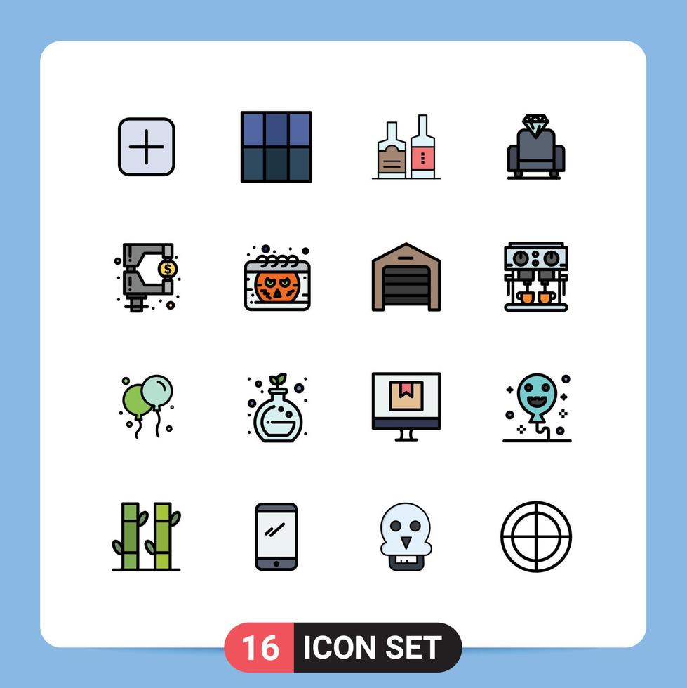 paquete de líneas llenas de color plano de 16 símbolos universales de regulación de calendario elementos de diseño de vectores creativos editables de medios de mercado de botellas