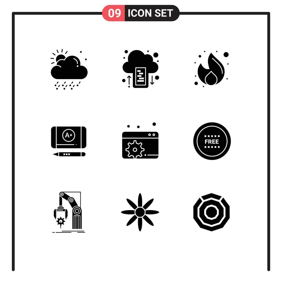 Mobile Interface Solid Glyph Set of 9 Pictograms of seo configure fire education best grade Editable Vector Design Elements