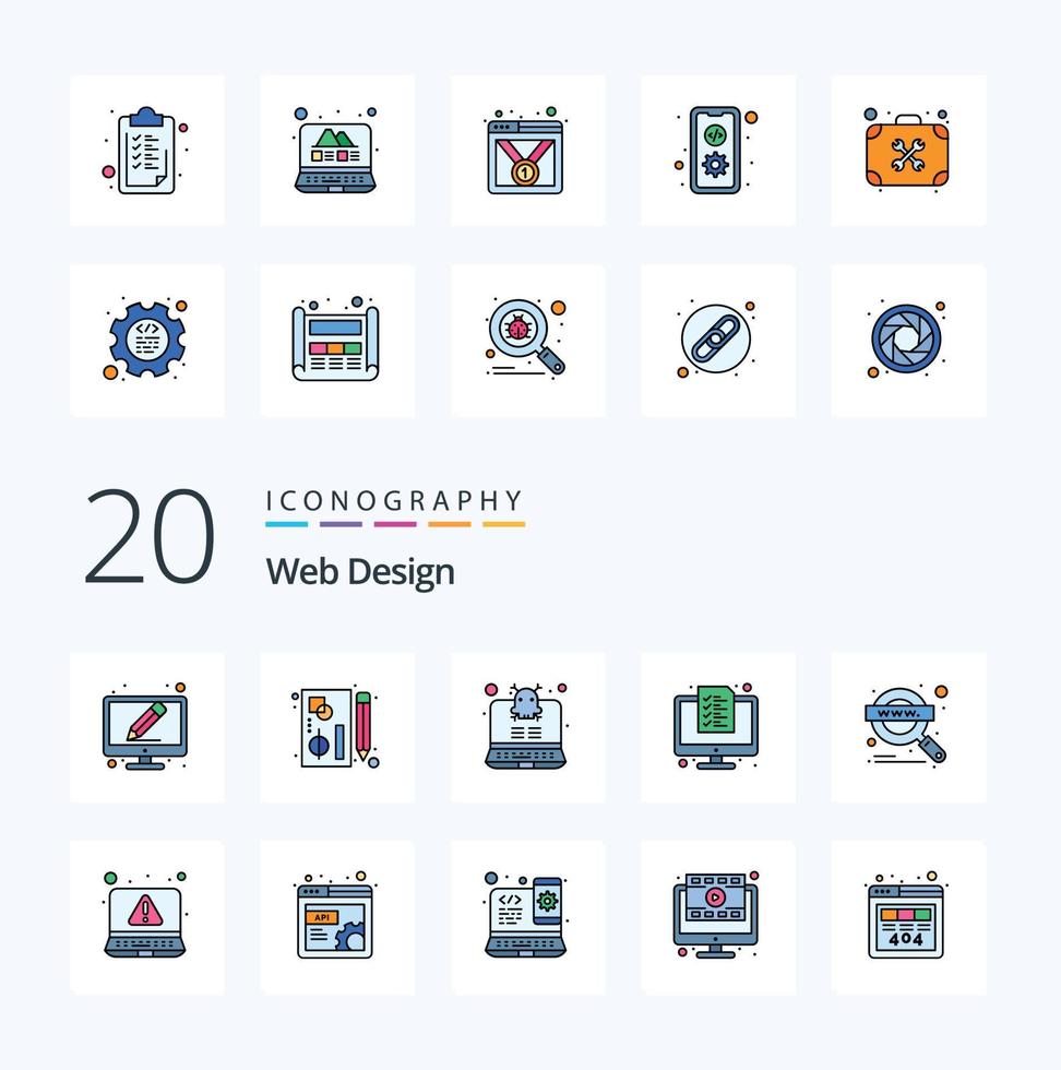 20 Web Design Line Filled Color icon Pack like magnify glass technology computer list digital vector