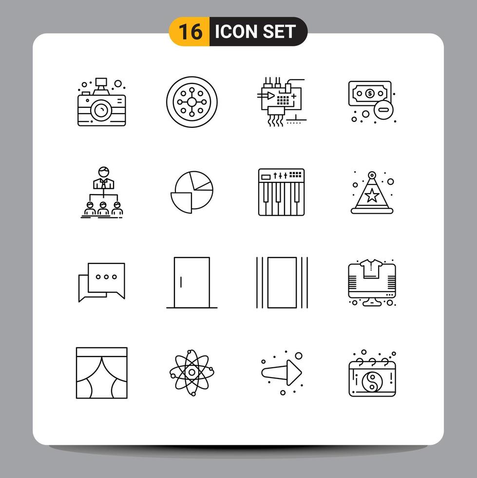 16 Universal Outlines Set for Web and Mobile Applications team finance assemble economy parts Editable Vector Design Elements