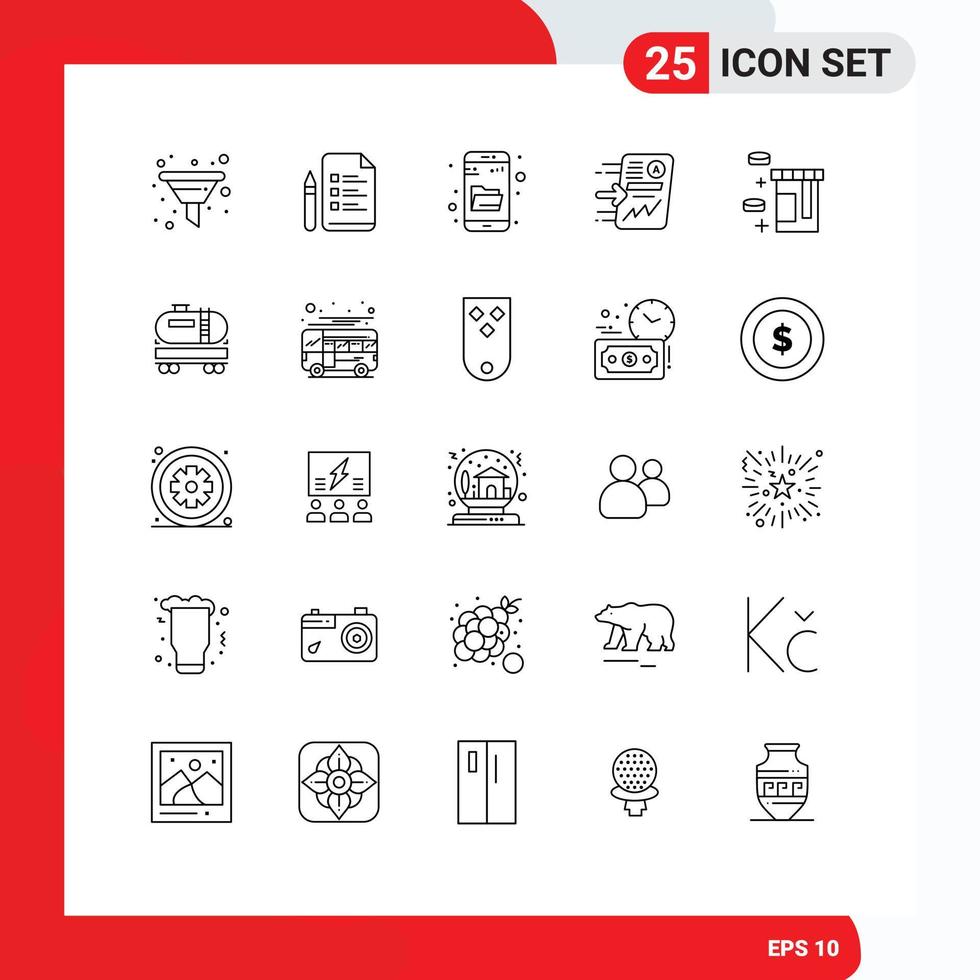 Pack of 25 Modern Lines Signs and Symbols for Web Print Media such as tablet progress drive search report file Editable Vector Design Elements