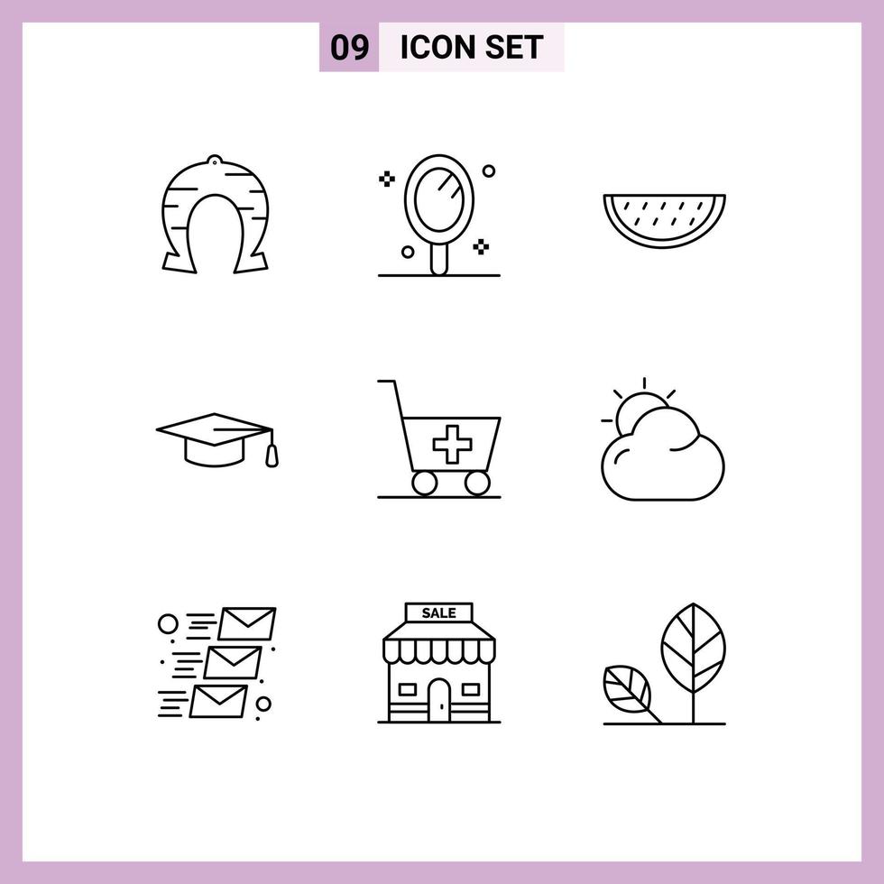 Pictogram Set of 9 Simple Outlines of medical graduation hat salon education water Editable Vector Design Elements