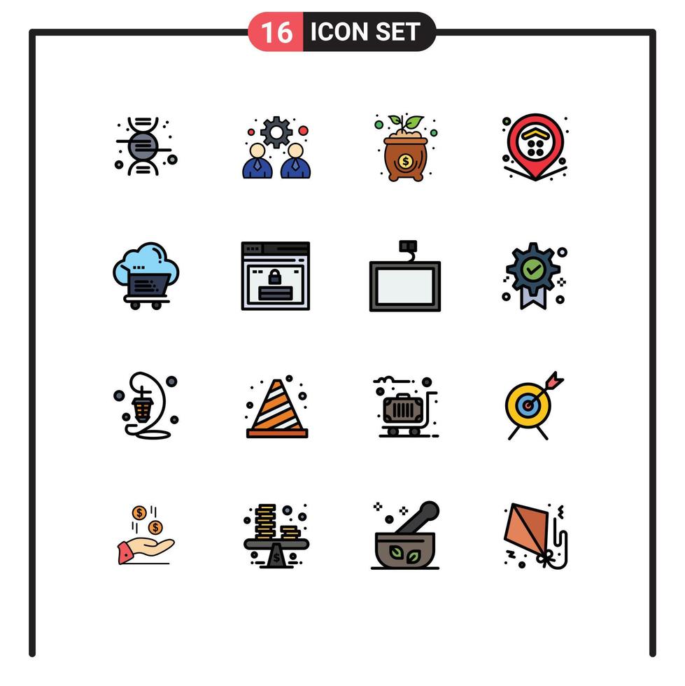 Pack of 16 Modern Flat Color Filled Lines Signs and Symbols for Web Print Media such as cart shopping cost estate map Editable Creative Vector Design Elements