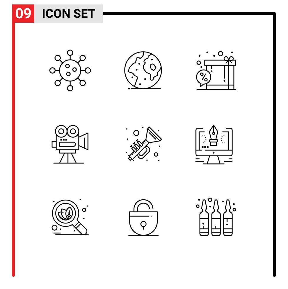 Group of 9 Modern Outlines Set for movie capture planet camera gift Editable Vector Design Elements