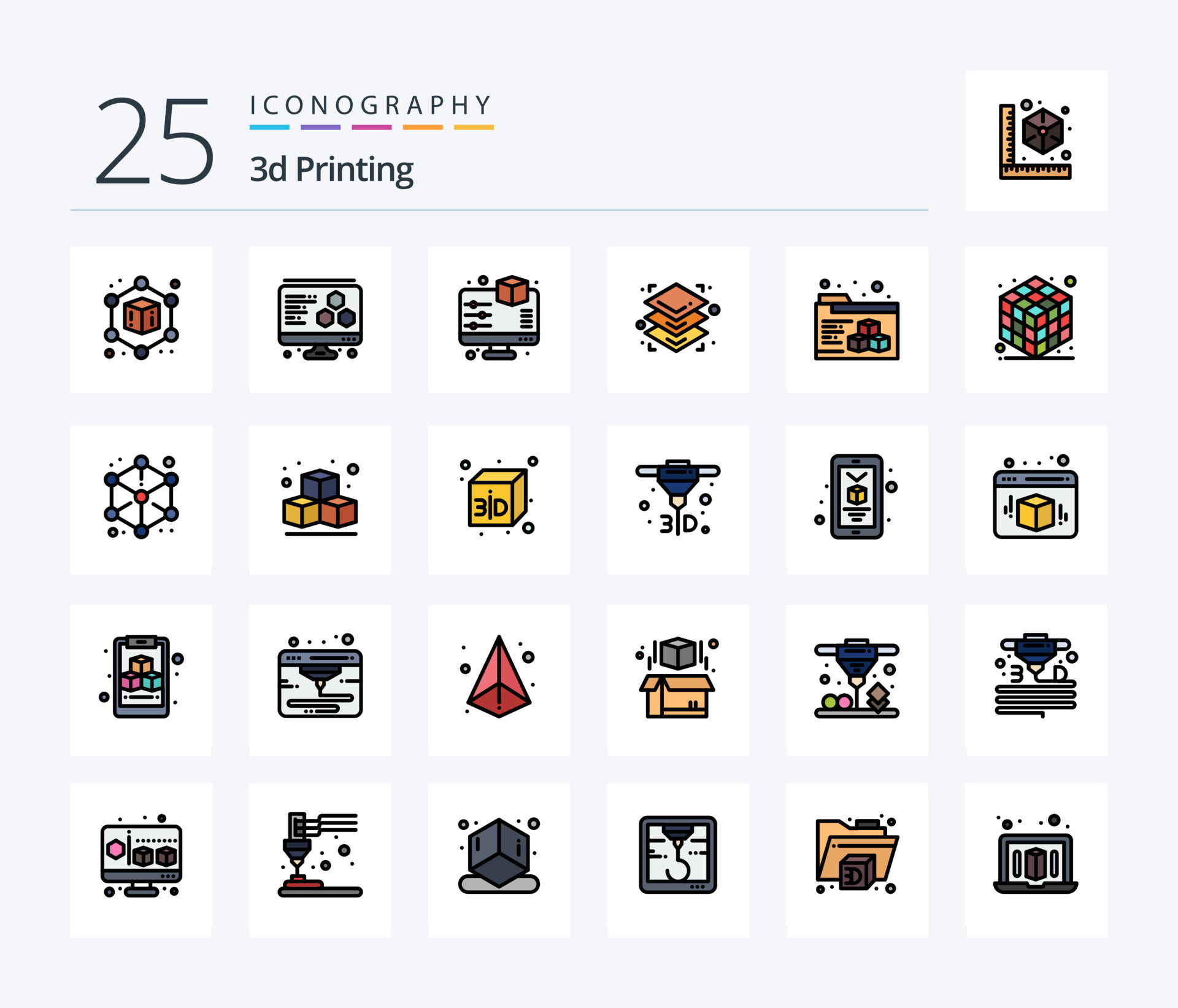 3d Printing 25 Line Filled icon pack including folder. 3d. monitor