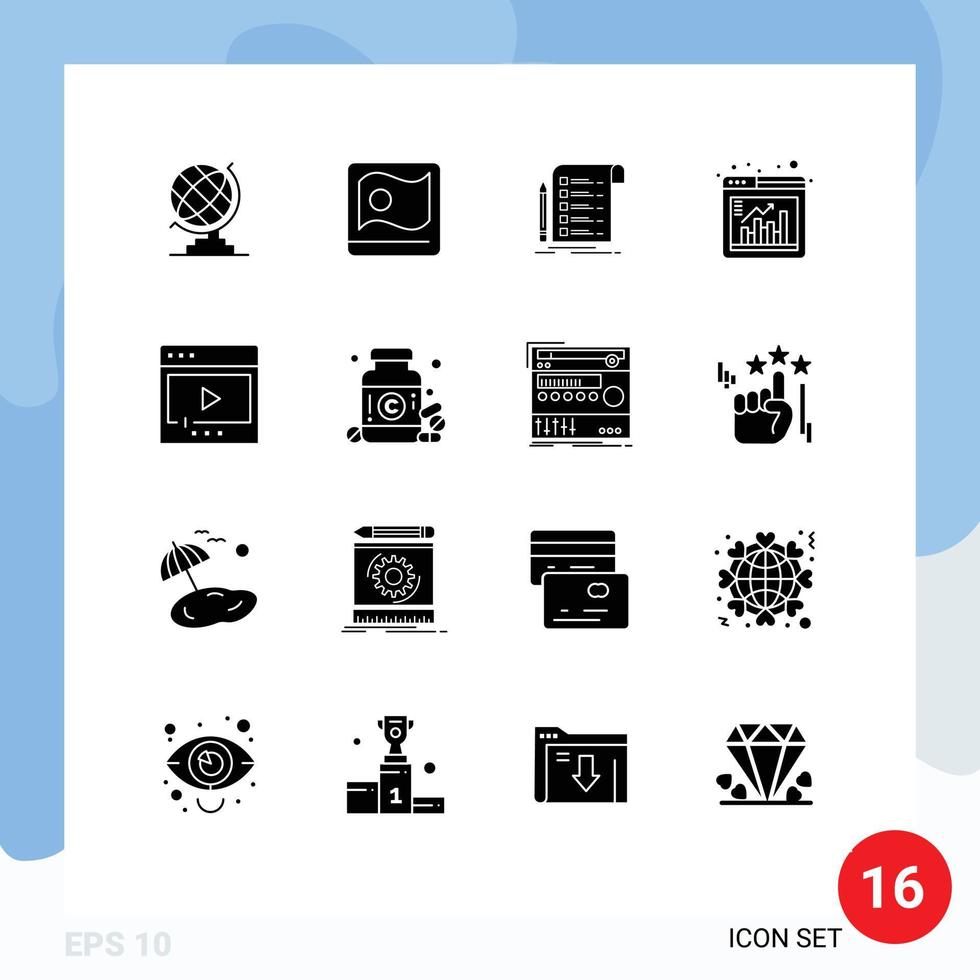 16 Thematic Vector Solid Glyphs and Editable Symbols of media chart report browser window Editable Vector Design Elements