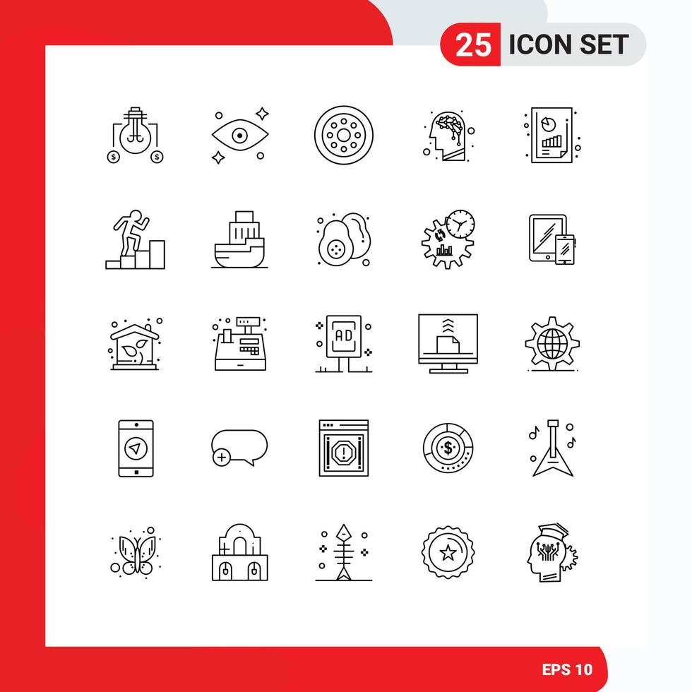 25 Thematic Vector Lines and Editable Symbols of graph analysis financial performance spare parts business productivity report brain Editable Vector Design Elements