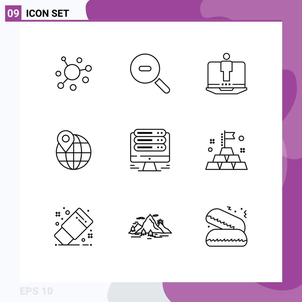 Group of 9 Modern Outlines Set for web server computer monitor location Editable Vector Design Elements