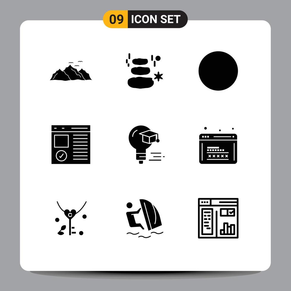 9 User Interface Solid Glyph Pack of modern Signs and Symbols of bulb development square develop browser Editable Vector Design Elements