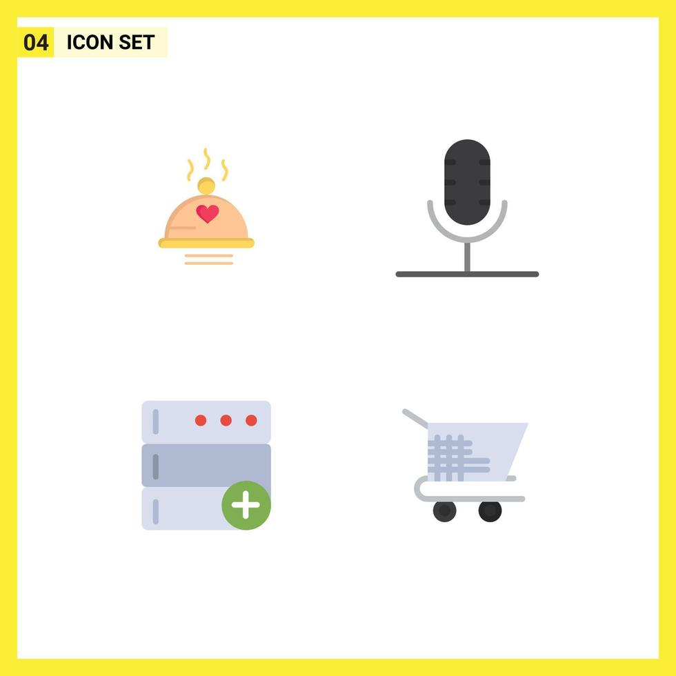 Universal Icon Symbols Group of 4 Modern Flat Icons of dinner record love broadcast database Editable Vector Design Elements