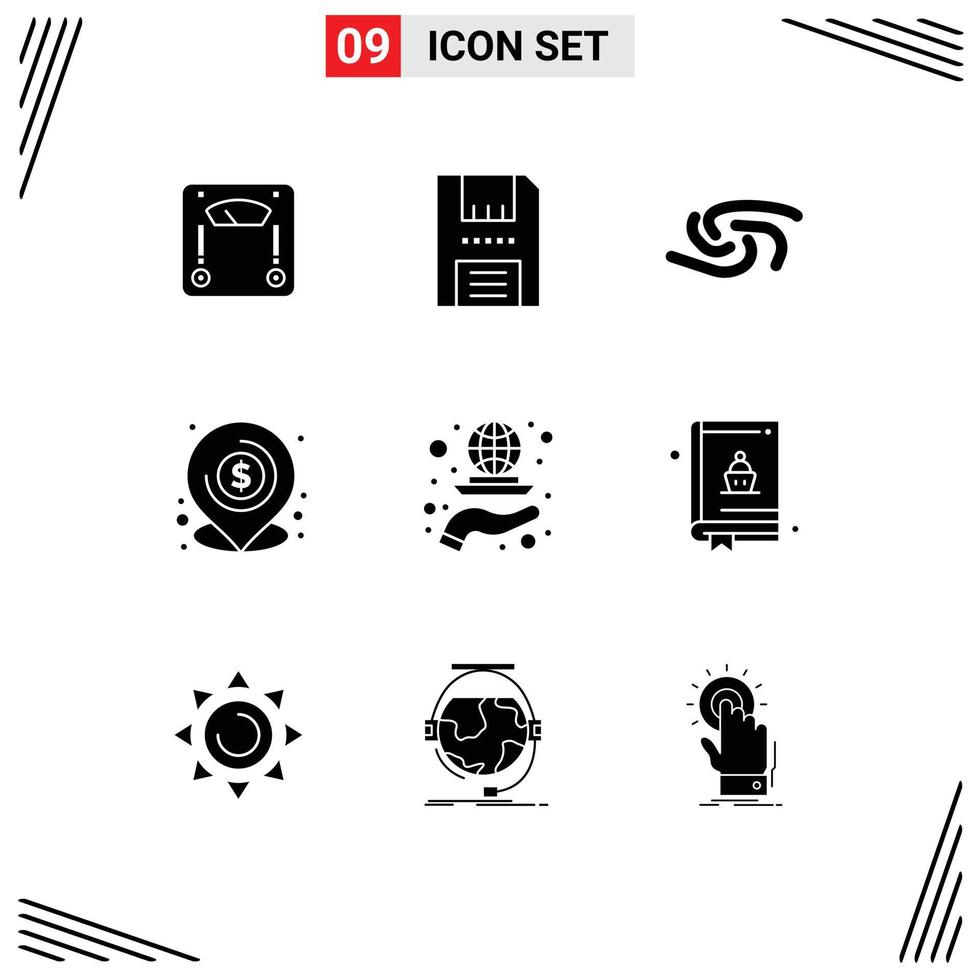 Pack of 9 creative Solid Glyphs of location loan products lend crypto currency Editable Vector Design Elements