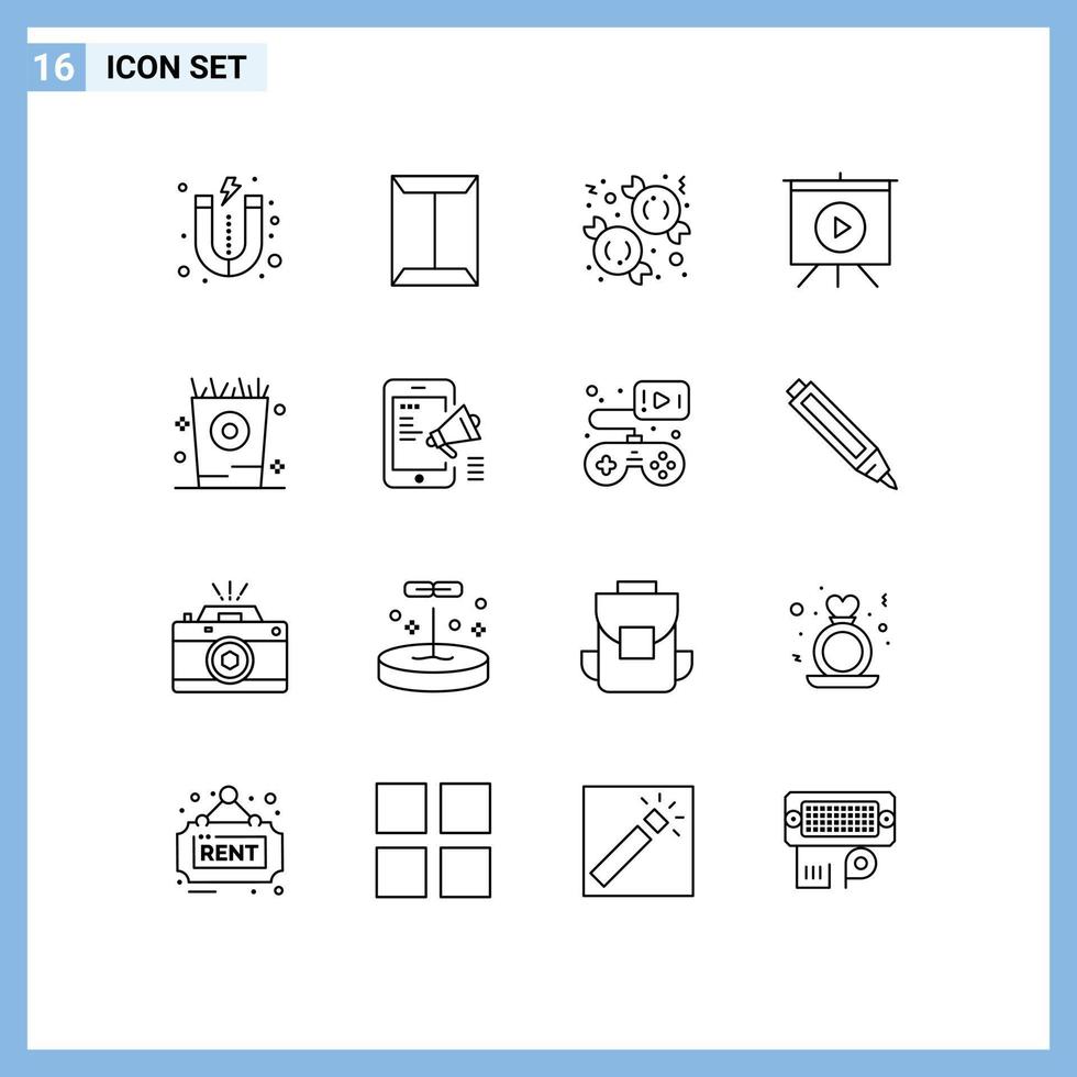 16 Universal Outlines Set for Web and Mobile Applications kid fries candy video board Editable Vector Design Elements