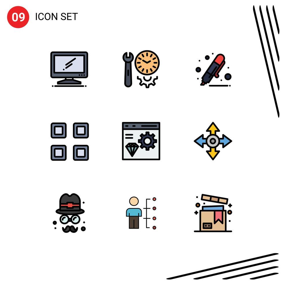 9 User Interface Filledline Flat Color Pack of modern Signs and Symbols of page grid settings marker education Editable Vector Design Elements