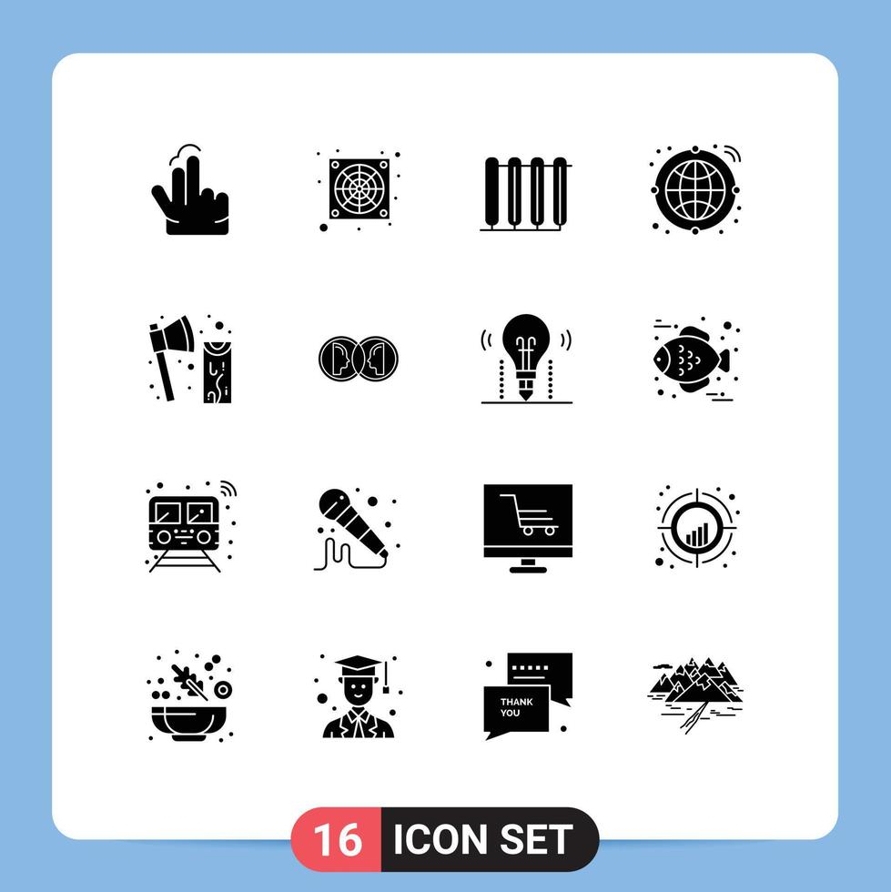 Universal Icon Symbols Group of 16 Modern Solid Glyphs of cutting axe heater transfer globe Editable Vector Design Elements