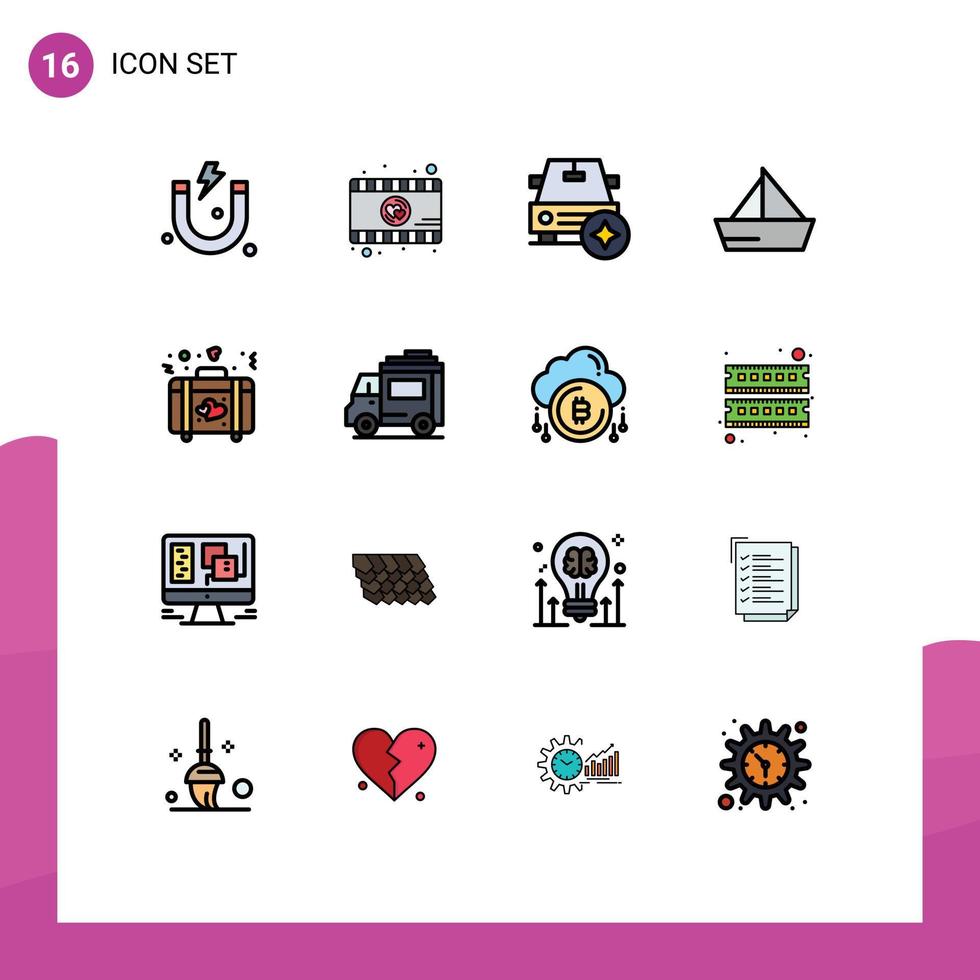 16 Universal Flat Color Filled Lines Set for Web and Mobile Applications love briefcase star yacht ship Editable Creative Vector Design Elements