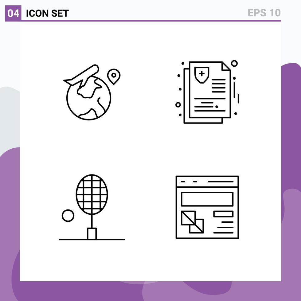 Line Pack of 4 Universal Symbols of world racket job insurance tennis Editable Vector Design Elements