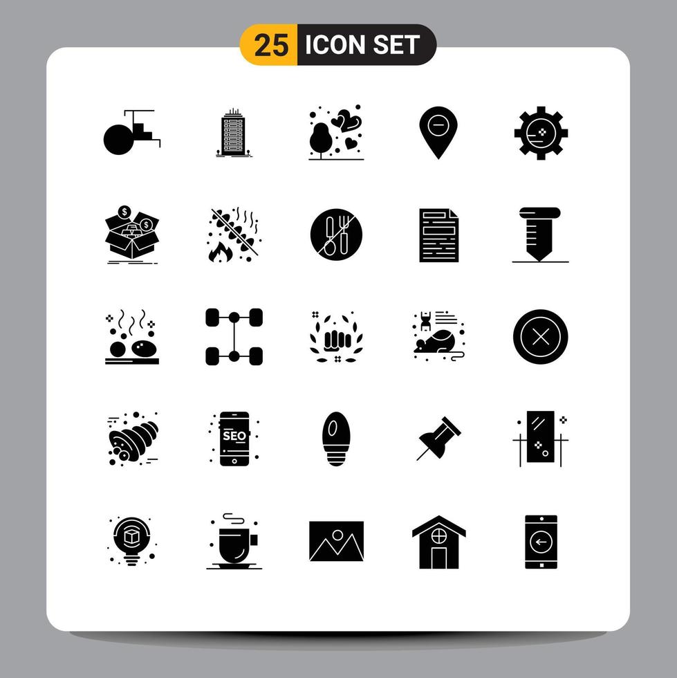 Mobile Interface Solid Glyph Set of 25 Pictograms of gear marker love map minimize Editable Vector Design Elements