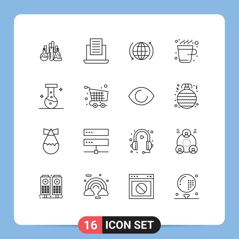 Modern Set of 16 Outlines Pictograph of laboratory chemical globe hot cup Editable Vector Design Elements