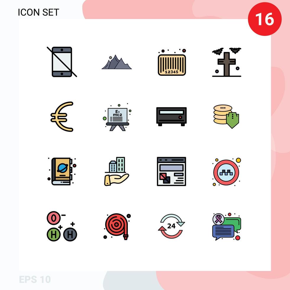 16 Universal Flat Color Filled Lines Set for Web and Mobile Applications rip bats mountain code bar code Editable Creative Vector Design Elements