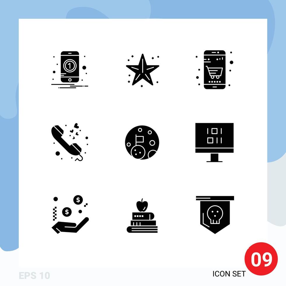 conjunto moderno de 9 pictogramas de glifos sólidos de luna amor estrella de mar comunicación tienda en línea elementos de diseño vectorial editables vector