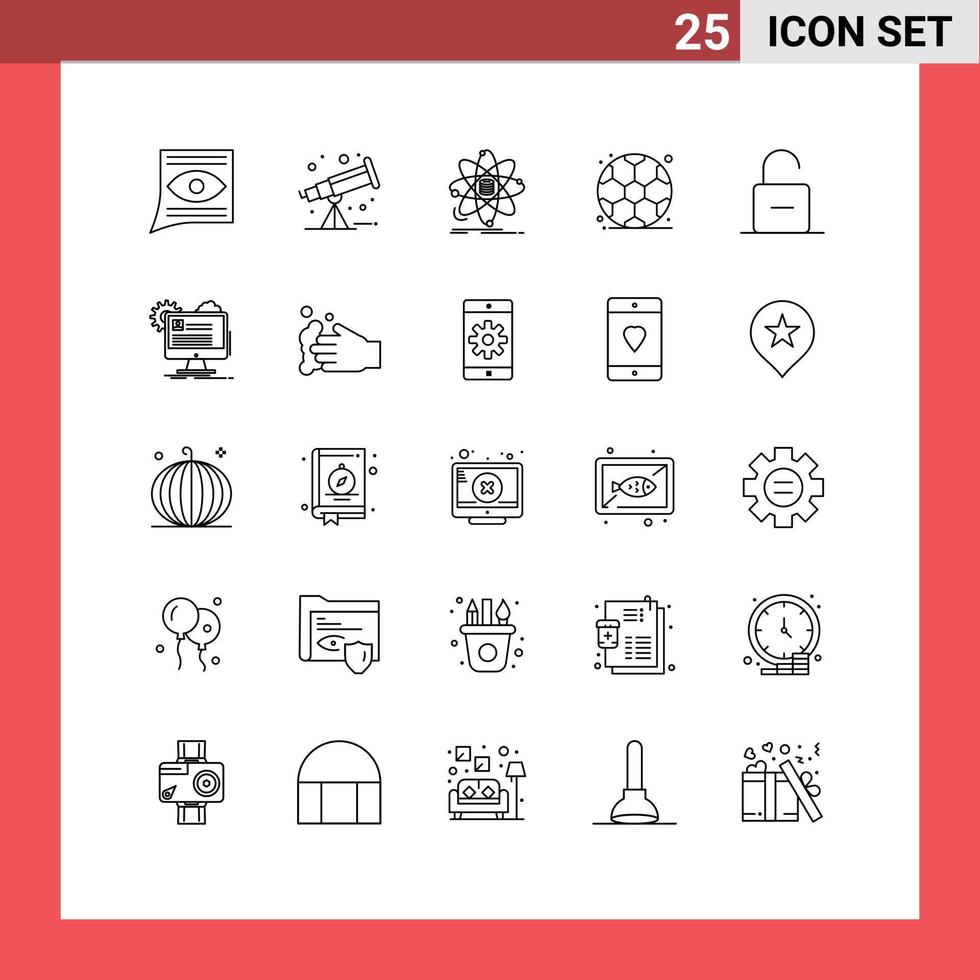 Group of 25 Modern Lines Set for padlock football analysis back to school science Editable Vector Design Elements
